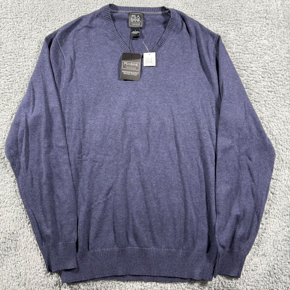 NWT Jos. A. Bank V-Neck Sweater Mens Large Blue Traveler Pima Cotton Pullover